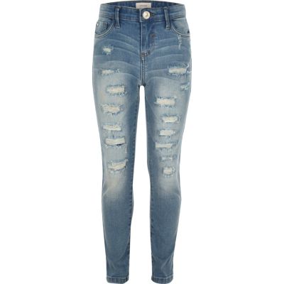 Girls blue ripped Amelie super skinny jeans
